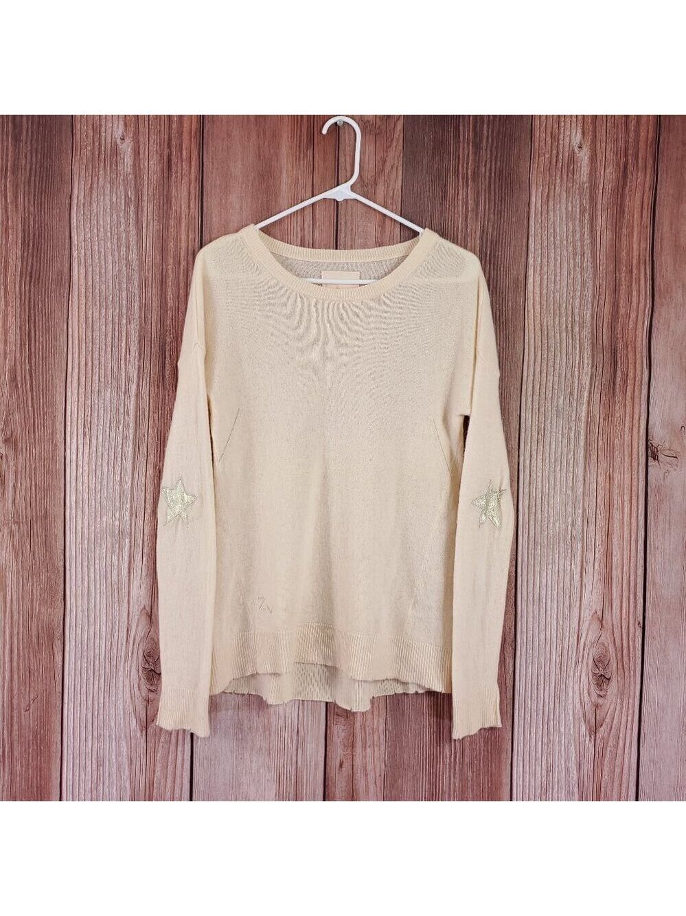 Zadig & Voltaire Womens Large Cici Patch Cashmere Sweater Knit Stars Apricot